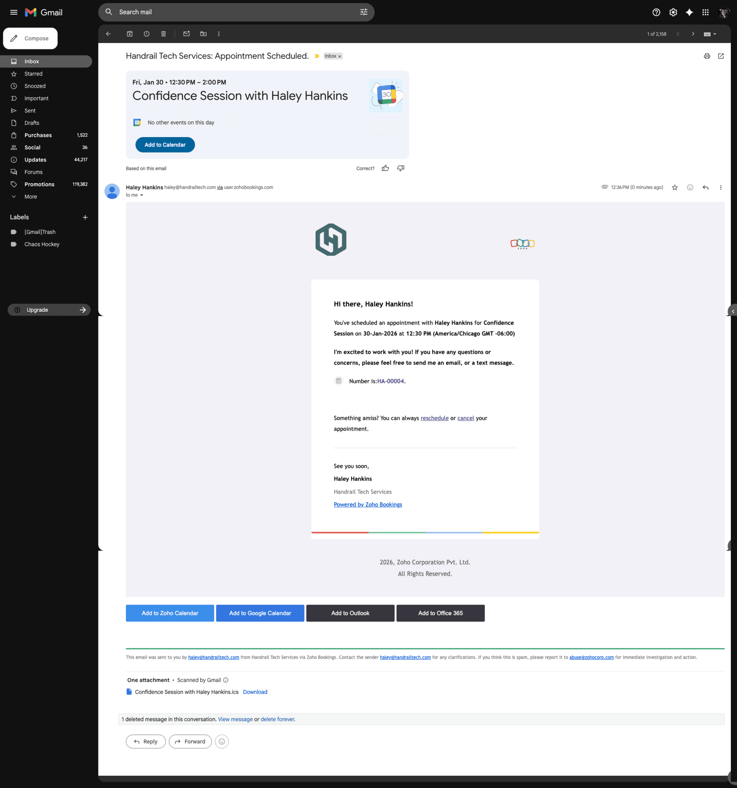 Zoho Mail booking confirmation email