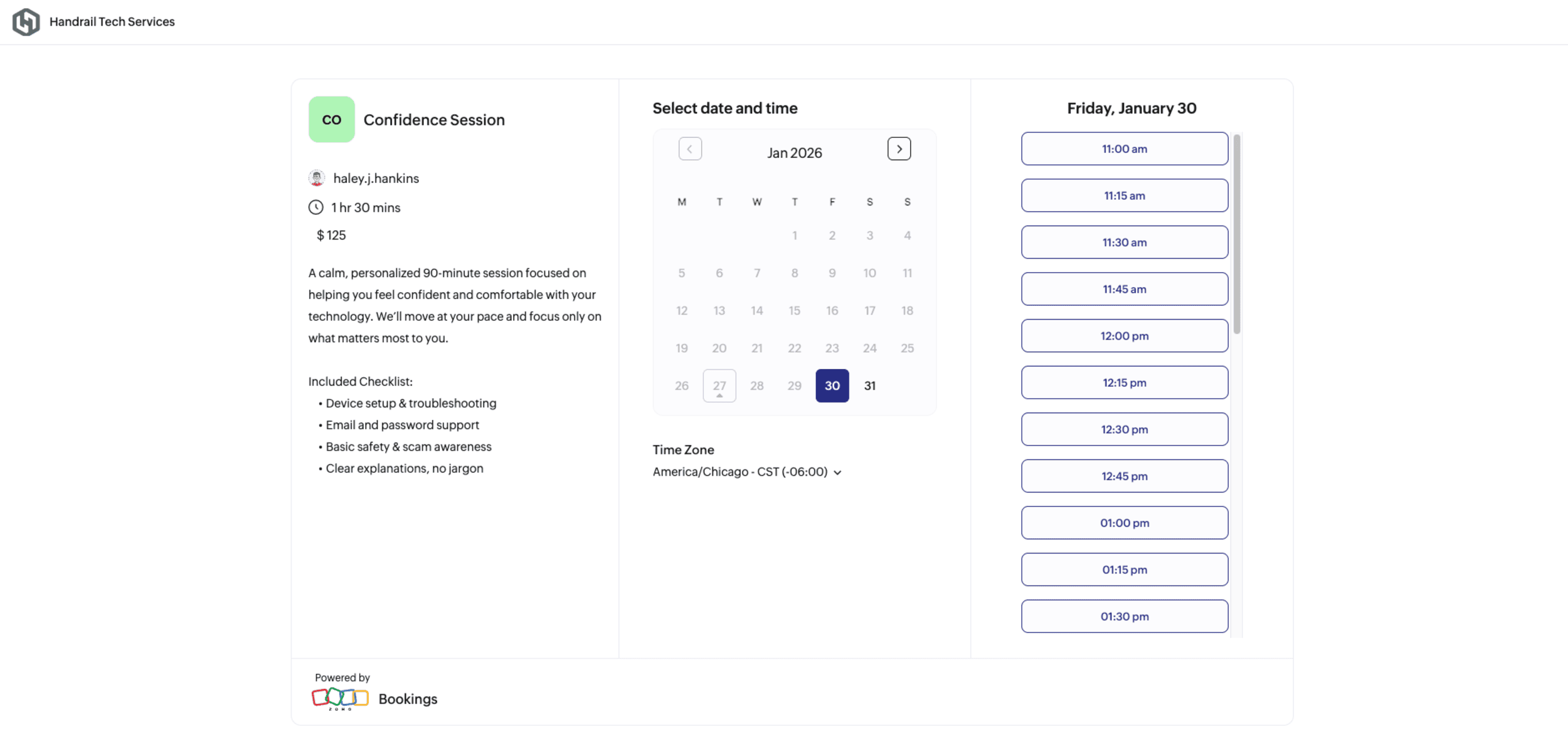 Zoho Bookings: date and time selection